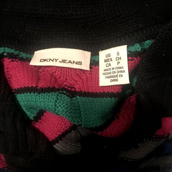 Vintage 1990s Y2K DKNY Jeans Pink Green Striped Long Sleeve Sweater Small S - Picture 5 of 8
